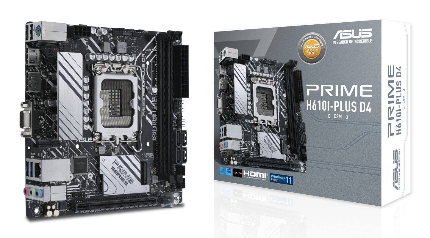 Asus PRIME H610I-PLUS D4-CSM - Corporate Stable Model, Intel H610, 1700, Mini ITX, 2 DDR4, VGA, HDMI, DP, 1x M.2