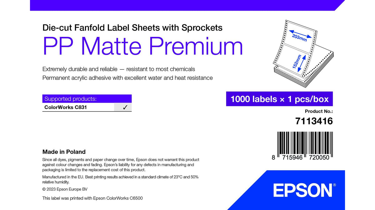 Epson PP Matte Label Premium, Die-cut Fanfold Sheets with Sprockets, 203mm x 152mm