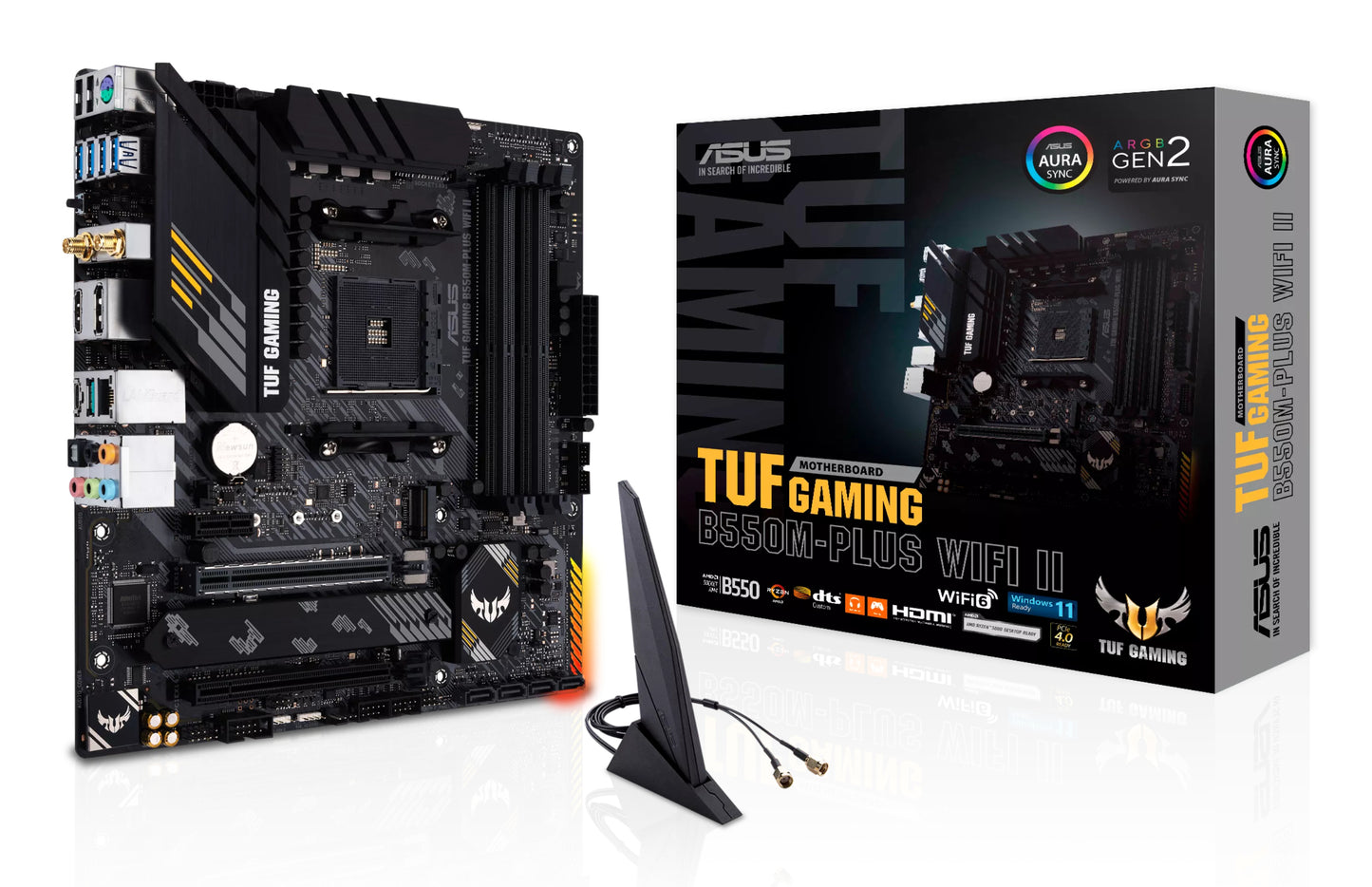Asus TUF GAMING B550M-PLUS WIFI II, AMD B550, AM4, Micro ATX, 4 DDR4, HDMI, DP, AX Wi-Fi, 2.5GB LAN, PCIe4, RGB, 2x M.2