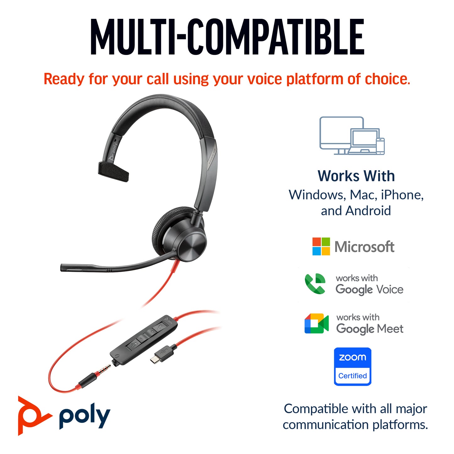 HP Poly Blackwire 3315 Monaural Microsoft Teams Certified USB-C Headset +3.5mm Plug +USB-C/A Adapter