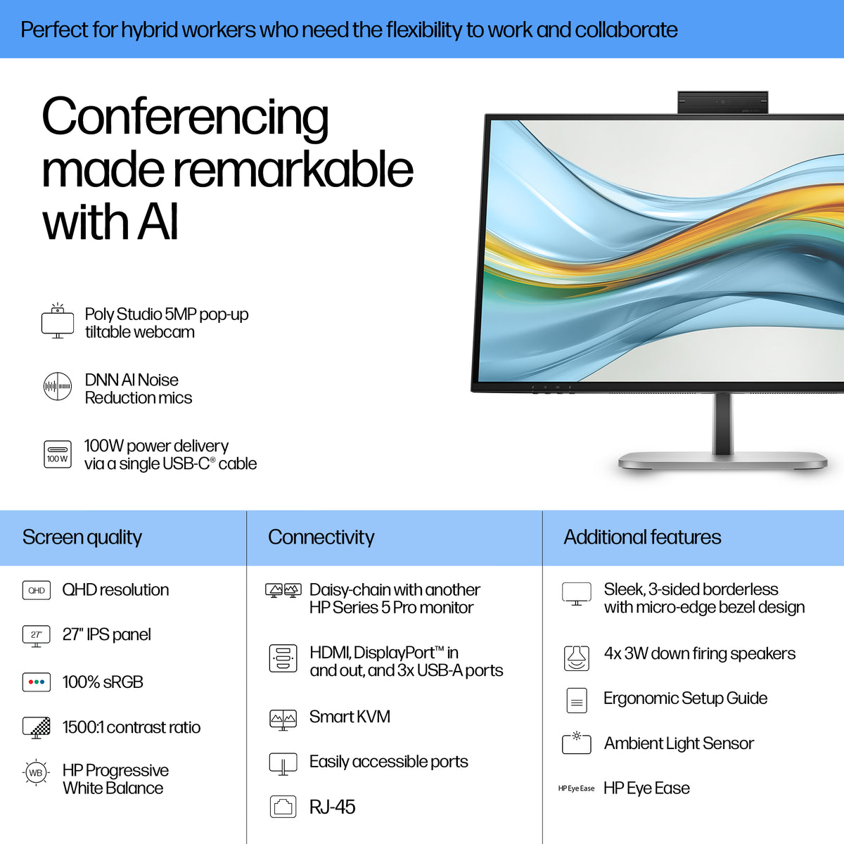 HP Series 5 Pro 27 inch QHD USB-C Conferencing Monitor - 527pm 27" QHD IPS Monitor, 100Hz, image 3