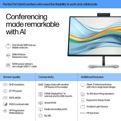 HP Series 5 Pro 27 inch QHD USB-C Conferencing Monitor - 527pm 27" QHD IPS Monitor, 100Hz, image 3