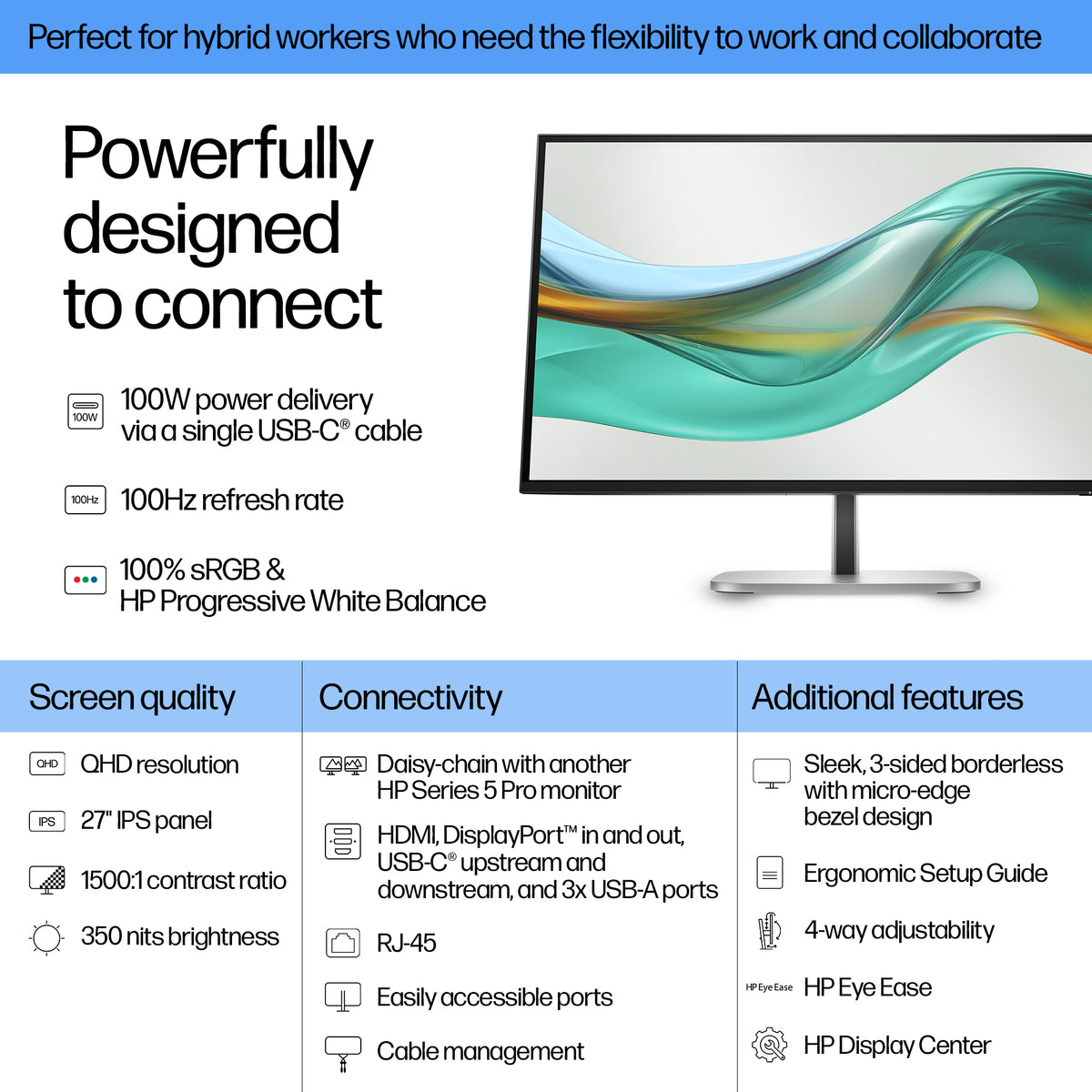HP Series 5 Pro 27 inch QHD USB-C Monitor - 527pu 27" QHD IPS Monitor, 100Hz, USB-C, image 3