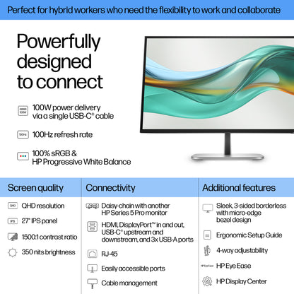 HP Series 5 Pro 27 inch QHD USB-C Monitor - 527pu 27" QHD IPS Monitor, 100Hz, USB-C, image 3