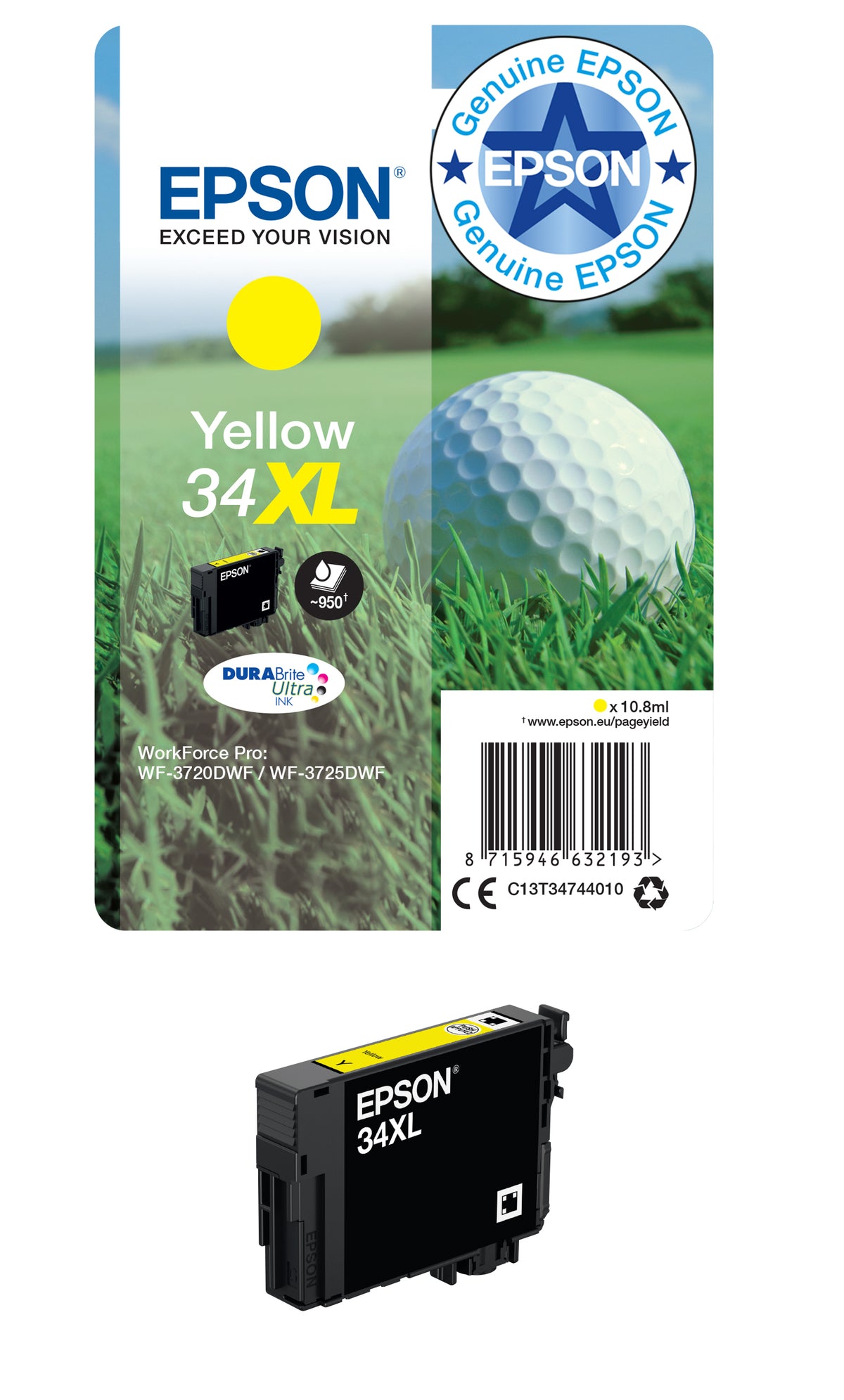 Epson 34XL Genuine Yellow High-Yield Ink Cartridge, 950 Pages, image 2