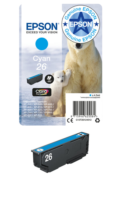Epson 26 Genuine Cyan Ink Cartridge, 300 Pages, image 2