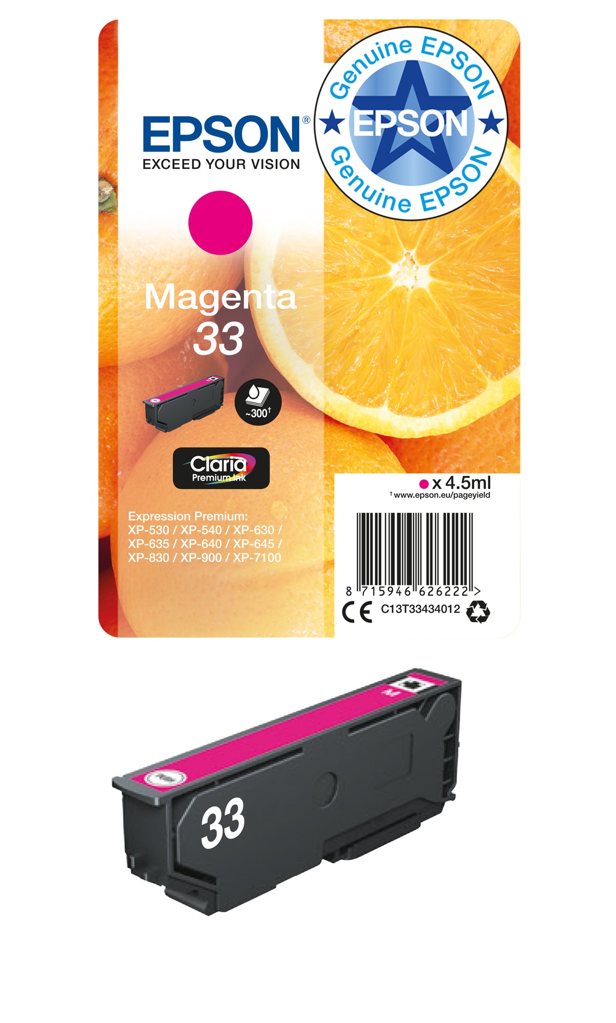 Epson 33 Genuine Magenta Ink Cartridge, 300 Pages, image 2