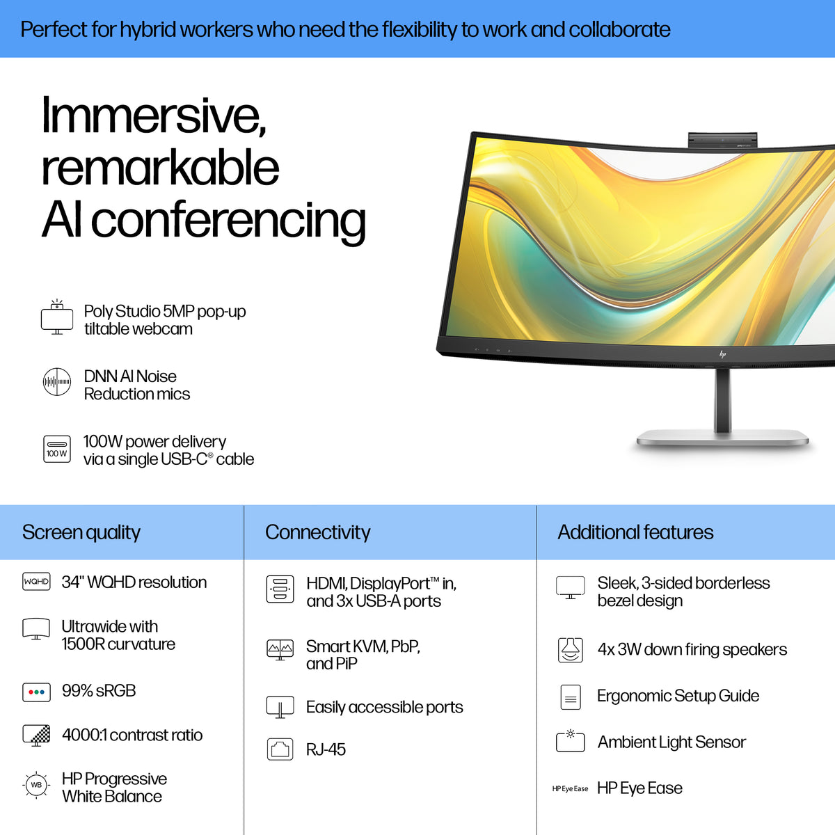 HP Series 5 Pro 34 inch WQHD USB-C Conferencing Monitor, image 3