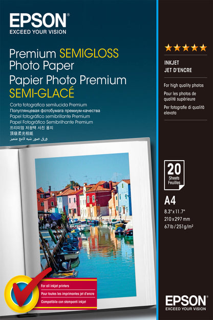 Epson A4 Premium Semigloss Photo Paper 251g/m², 20 sheets