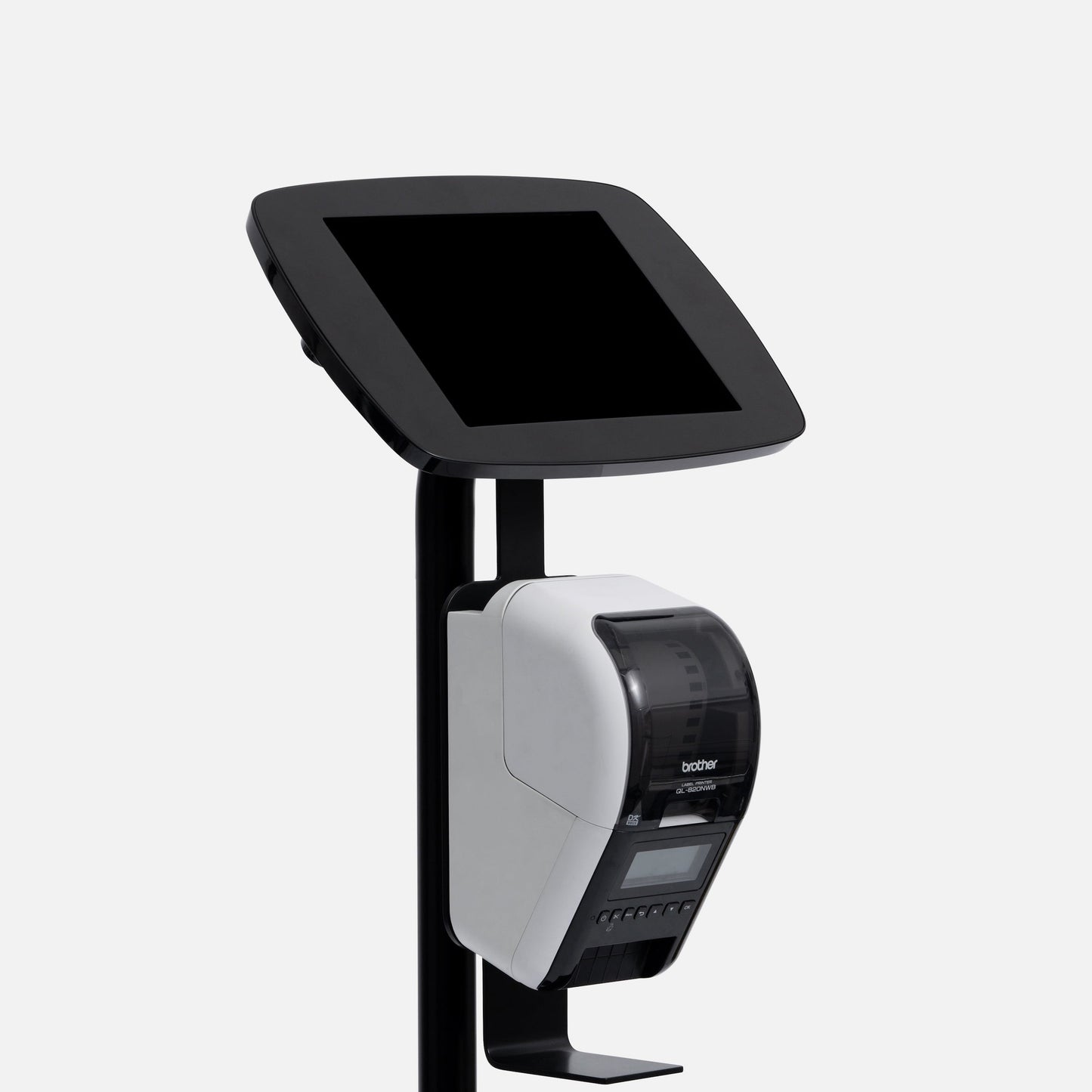 Bouncepad Original Elevate + Brother Printer Mount (inc USB Cable) | Apple iPad 7th Gen 10.2 (2019) | Black | Covered Front Camera and Home Button