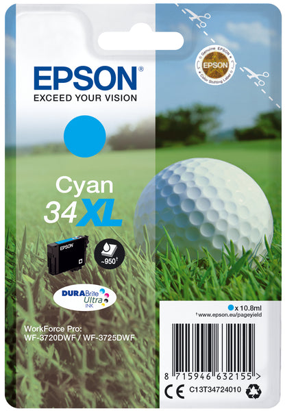Epson 34XL Genuine Cyan High-Yield Ink Cartridge, 950 Pages