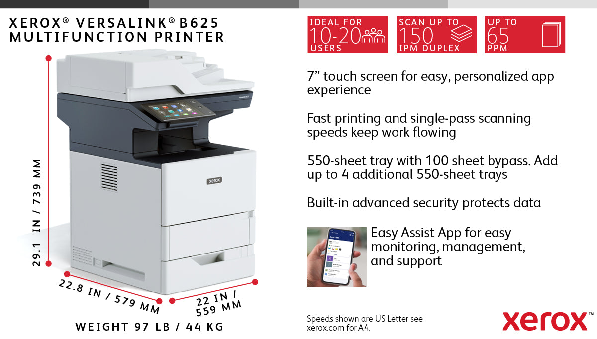 Xerox VersaLink B625 A4 61ppm Duplex Copy/Print/Scan/Fax PS3 PCL5e/6 2 Trays 650 Sheets, image 5