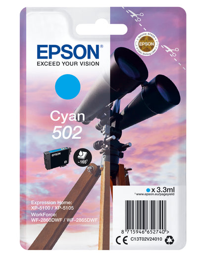 Epson 502 Genuine Cyan Ink Cartridge, 165 Pages