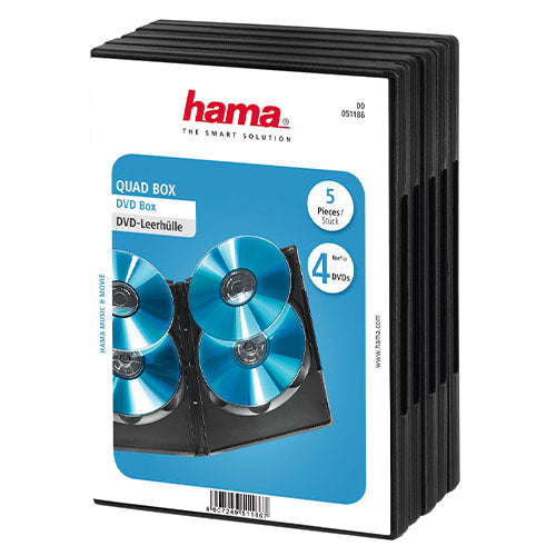 Hama Quad Box DVD/Blu-Ray Jewel Cases, 4 Discs per case, 5 pack, Black