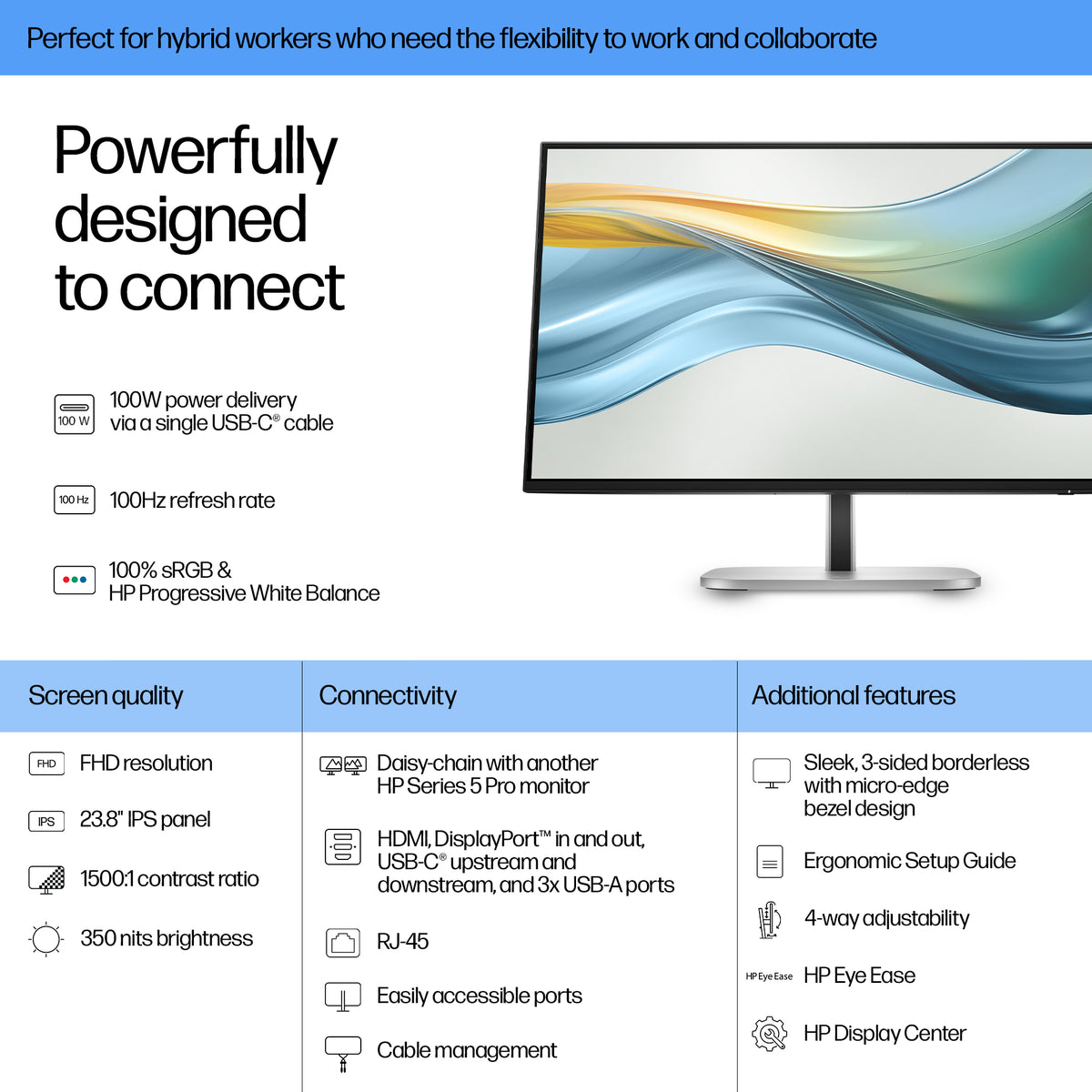 HP Series 5 Pro 23.8 inch FHD USB-C Monitor - 524pu 23.8" Full HD IPS Monitor, 100Hz, image 3