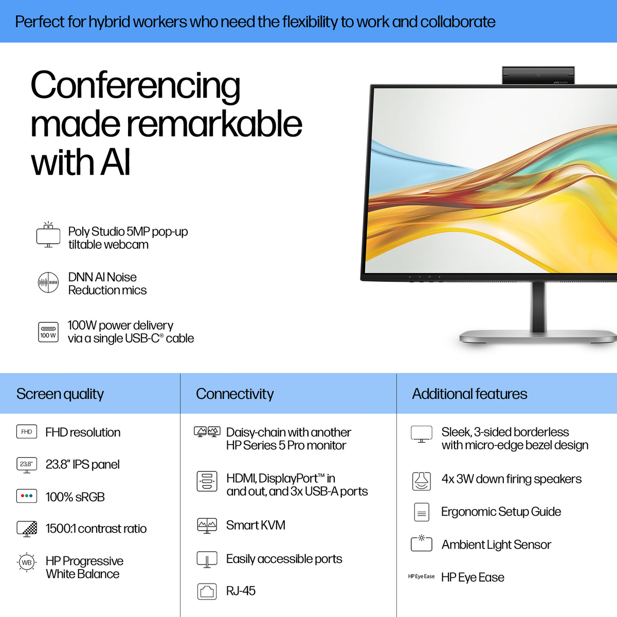 HP Series 5 Pro 23.8 inch FHD USB-C Conferencing Monitor, image 3