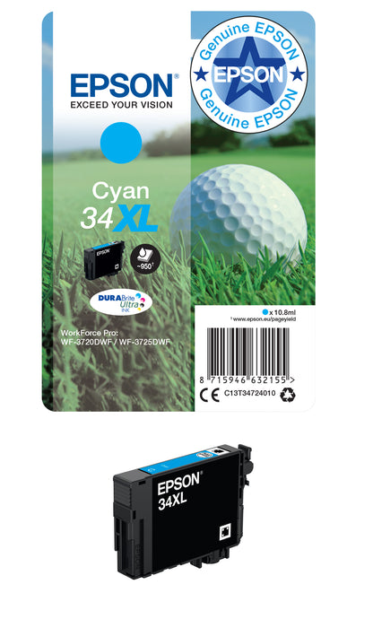 Epson 34XL Genuine Cyan High-Yield Ink Cartridge, 950 Pages, image 2