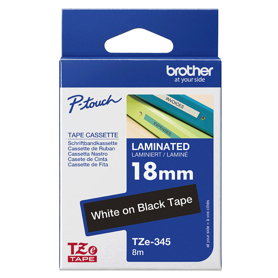Brother TZe-345 White on Black Laminated Tape, 18mm x 8m, image 2
