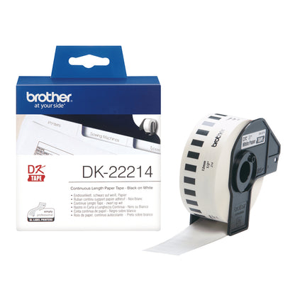 Brother DK-22214 Black on White Continuous Paper Tape, 12mm x 30.48m