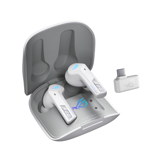 Asus ROG Cetra True Wireless SpeedNova Moonlight White Gaming Earphones, SpeedNova Wireless/Bluetooth, Adaptive ANC, AI Mics, 46-Hour Battery, Hybrid Multipoint, RGB Lighting
